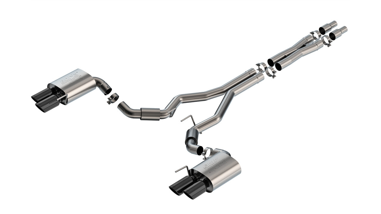 BORLA 140970BC Exhaust system Cat-Back ATAK 3" D RD RL AC BC SR Tip: 4" RD X 9.50" & 4" RD X 9.00" Black chrome Quad tip (Non-active exhaust) for FORD Mustang GT 5.0L V8 2024 Photo-0