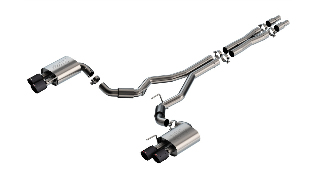 BORLA 140970CFBA Exhaust system Cat-Back ATAK 3" D RD SE AC CFBA SR Tip: 4" RD X 6.62" Carbon fiber black anodized Quad tip (Non-active exhaust) for FORD Mustang GT 5.0L V8 2024 Photo-0