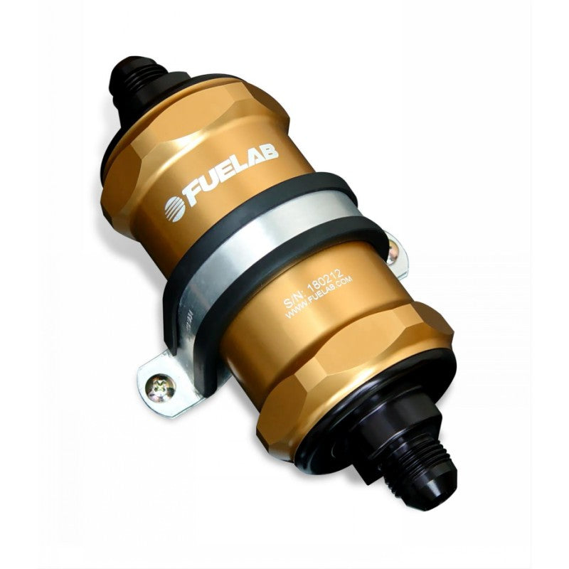 FUELAB 84821-5 In-Line Fuel Filter With Check Valve (6AN in/out, 3 inch 100 micron stainless steel element) Gold Photo-0