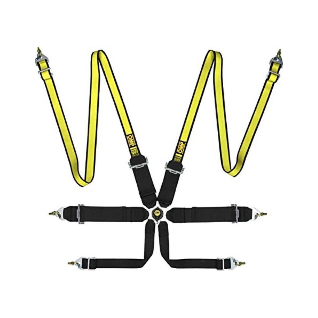 OMP DA0-0204-B02-178 Safety Harness First 3+2 Pull Up, 2/3-3-2 ", 6-Point, FIA 8853-2016, Black/Yellow Photo-0
