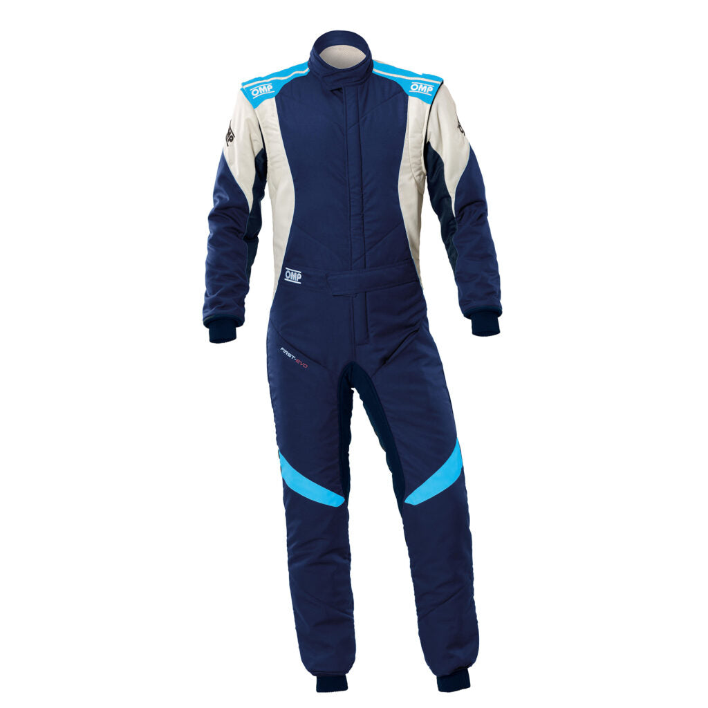 OMP IA0-1874-A01-244-42 Racing Suit First Evo My2025, FIA 8856-2018, Navy Blue / Cyan, Size 42 Photo-0