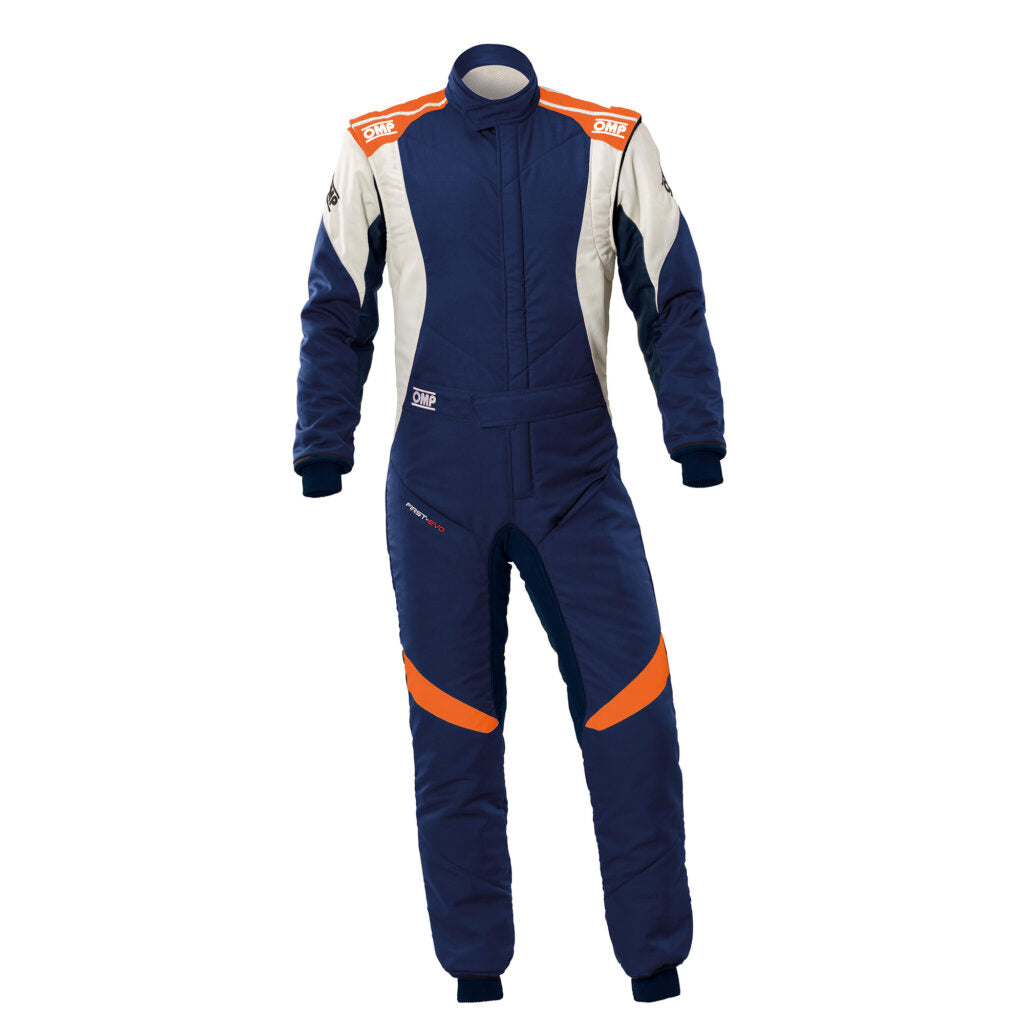 OMP IA0-1874-A01-249-48 Racing Suit First Evo My2025, FIA 8856-2018, Navy Blue / Fluo Orange, Size 48 Photo-0