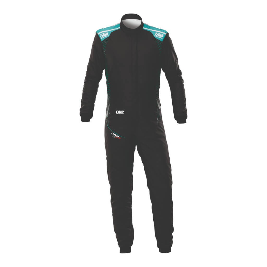 OMP IA0-1876-A01-379-64 Racing Suit One-S Air, FIA 8856-2018, Black/Teal, Size 64 Photo-0