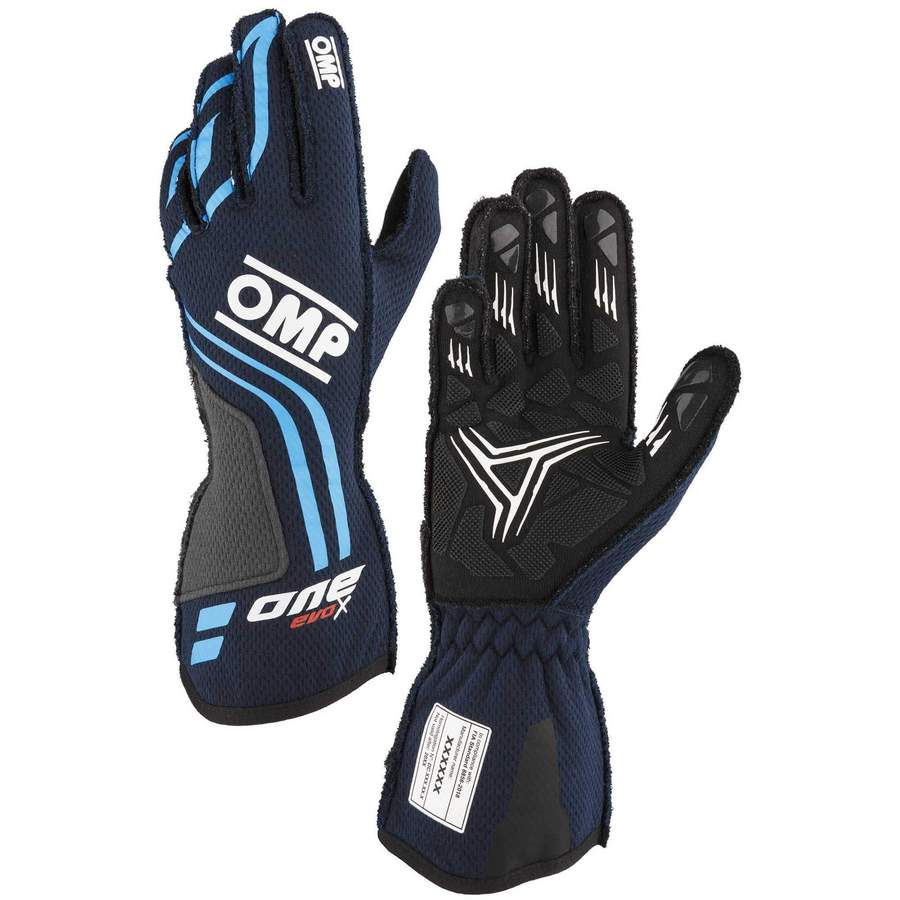 OMP IB0-0775-A01-244-L Racing Gloves One Evo-X MY24, FIA 8856-2018, Navy Blue / Cyan, Size L Photo-0