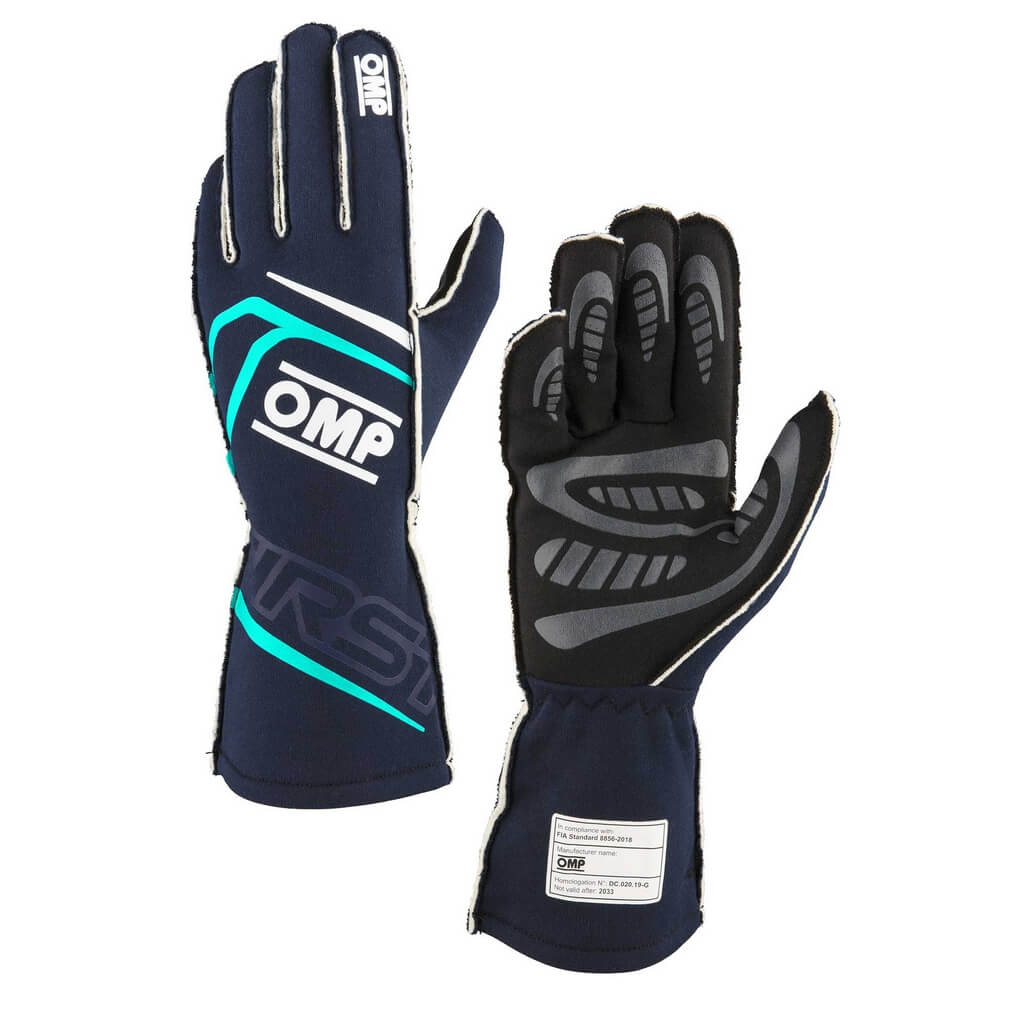OMP IB0-0776-B01-248-S Racing Gloves First My2025, FIA 8856-2018, Navy Blue / Tiffany, Size S Photo-0
