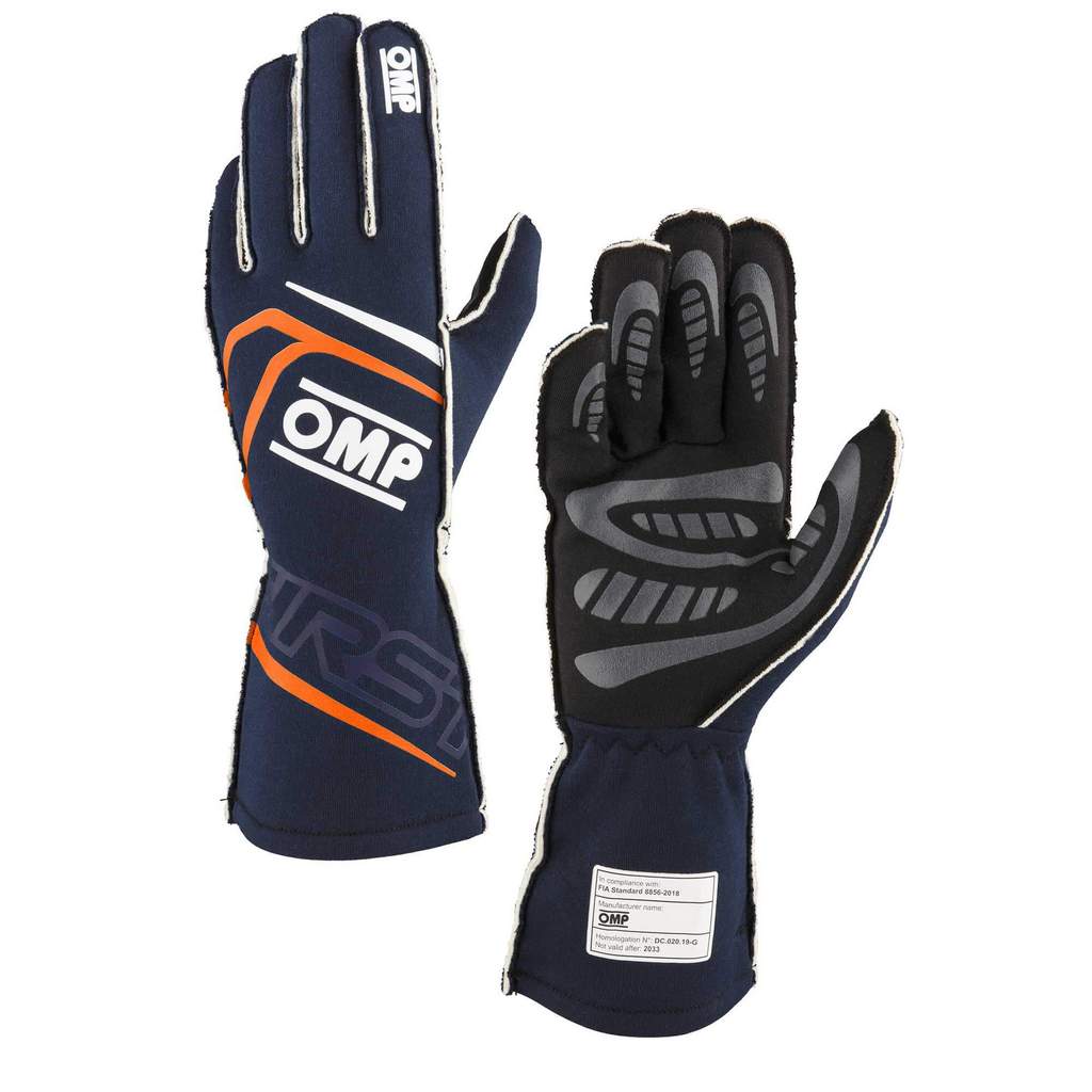 OMP IB0-0776-B01-249-M Racing Gloves First My2025, FIA 8856-2018, Navy Blue / Fluo Orange, Size M Photo-0