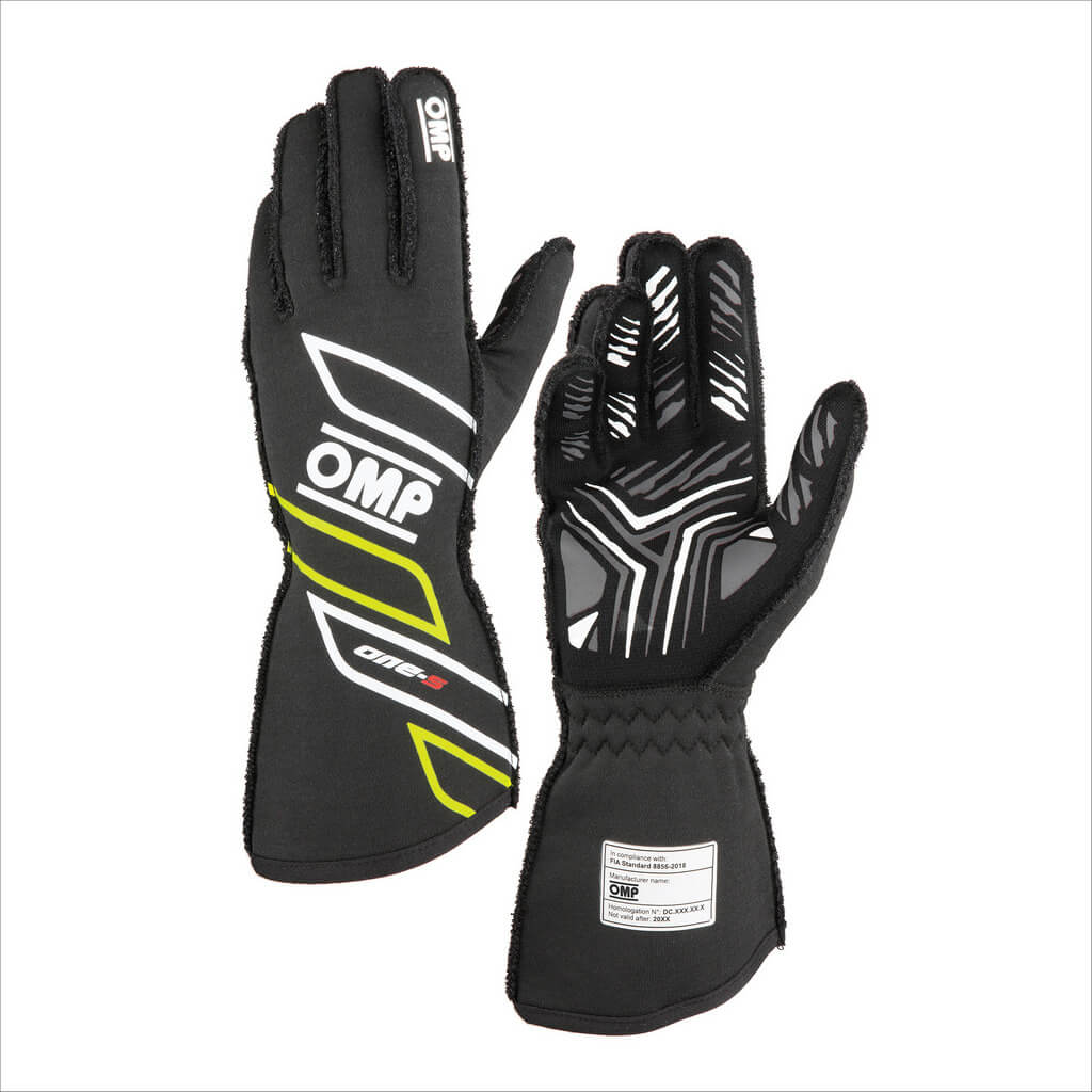 OMP IB0-0778-A01-184-L Racing Gloves One-S My2025, FIA 8856-2018, Anthracite / Fluo Yellow, Size L Photo-0