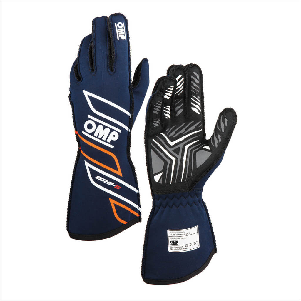 OMP IB0-0778-A01-249-XL Racing Gloves One-S My2025, FIA 8856-2018, Navy Blue / Fluo Orange, Size XL Photo-0
