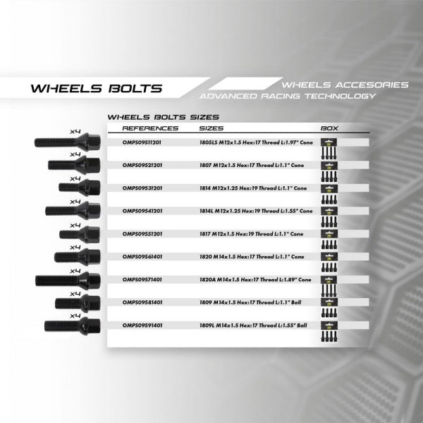 OMP OMPS09524501 Wheel bolt M12x1.25 HEX: 19 L: 45 CONIC Black 4pcs Photo-1