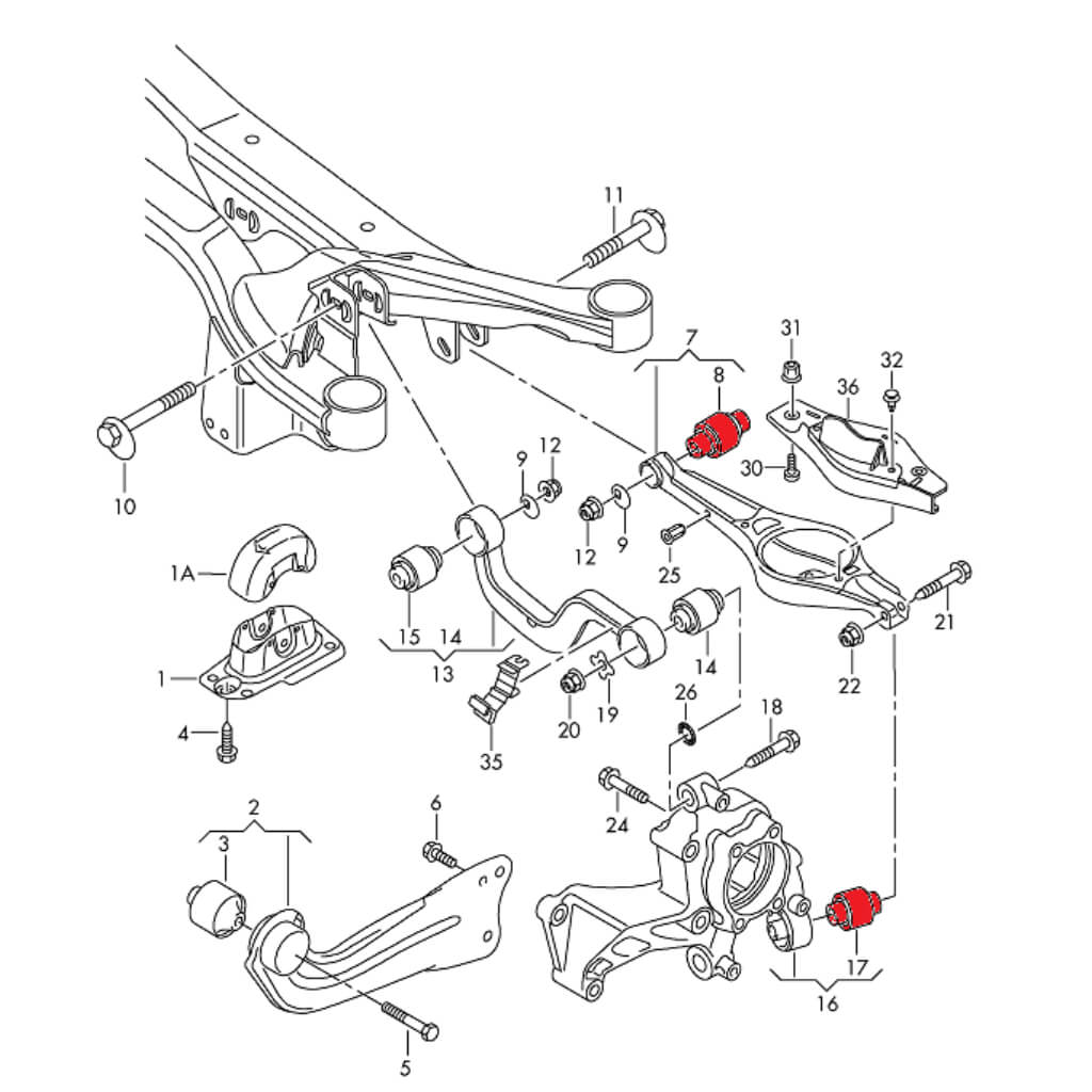 VERKLINE ELA-057 Rear Spring Sitting Wishbone And Wheel Bearing Housing Inserts Kit for AUDI RS3 (8P) / VW Golf GTI (Mk5 / Mk6) Photo-1