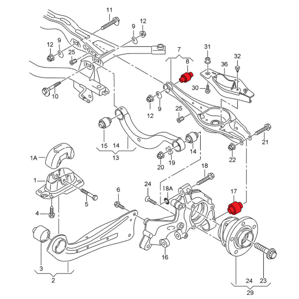 VERKLINE ELA-068 Rear Spring Sitting Wishbone And Wheel Bearing Housing Inserts Kit for AUDI S3 (8V) / VW Golf GTI (Mk7 / Mk8) Photo-1