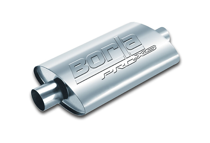BORLA 400480 UNIVERSAL Performance Muffler, oval, silver ProXS, In / Out 2", Central / Offset, dim. 14"x4.25"x7.88", Mounting clamp Photo-0 