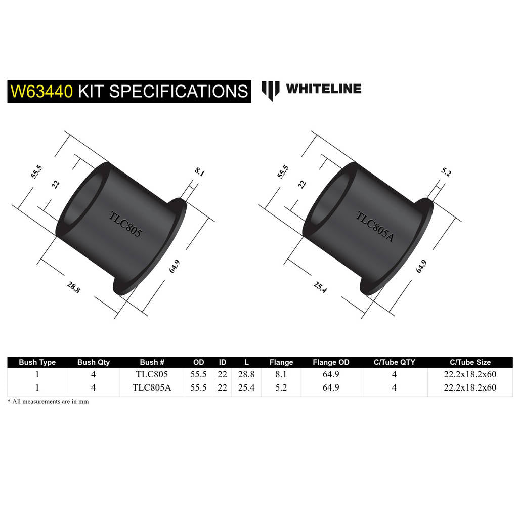 WHITELINE W63440 Rear Trailing Arm Lower - Bushing Kit for Toyota Land Cruiser 80/105 Series Photo-4 