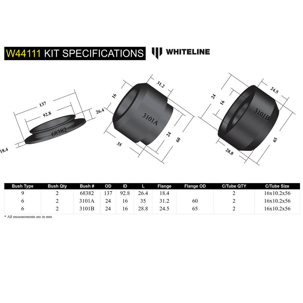 WHITELINE W44111 Front Strut Mount - Bushing Kit for Mitsubishi Pajero NM-NX Photo-4 