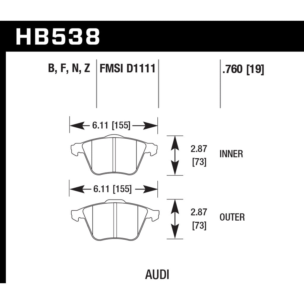 HAWK HB538F.760 Brake Pads HPS 5.0 Front VW Golf R32/CC VR6 2010+/AUDI A6 2002-2011 Photo-2 
