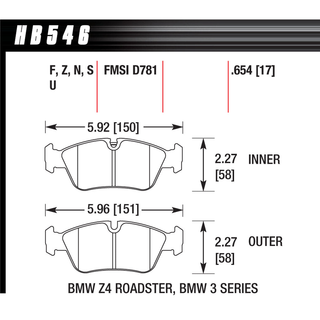 HAWK HB546S.654 Brake Pads HT-10 (17 mm) Front BMW Z4 Roadster 3.0i 2006-2008 Photo-2 