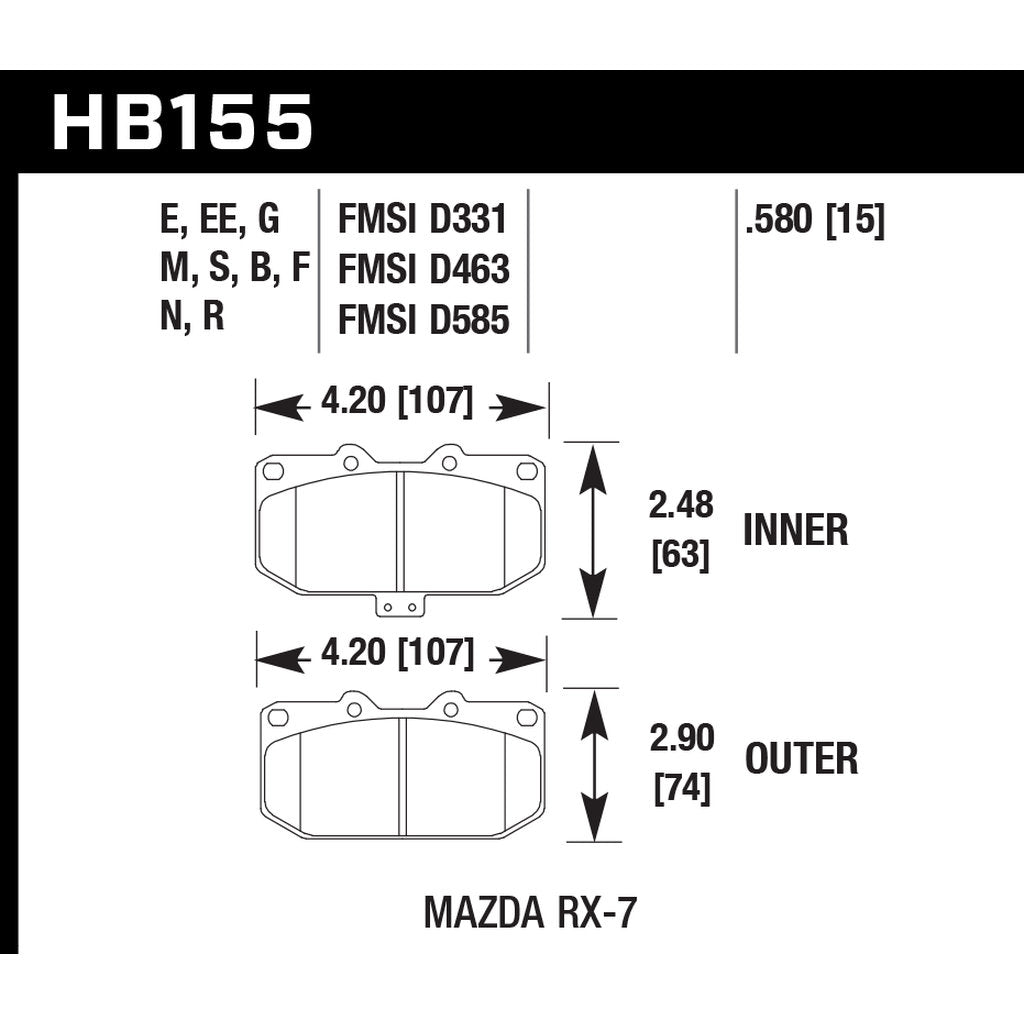 HAWK HB155E.580 Brake Pads Blue 9012 (15 mm) Front MAZDA RX7 Turbo 86-95 Photo-2 