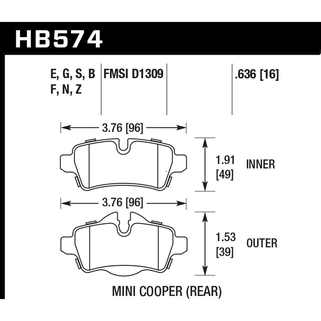 HAWK HB574N.636 Brake Pads HP Plus Rear MINI COOPER Clubman/Roadster/Base 2007-2017 Photo-2 