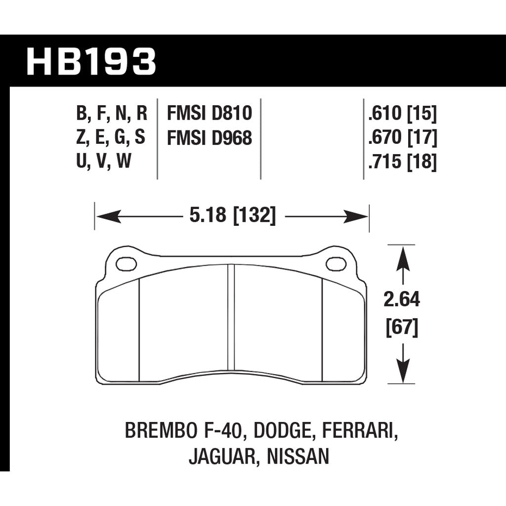HAWK HB193G.670 Brake Pads DTC-60 (17 mm) Rear NISSAN GT-R R35/AUDI R8/Brembo 20.4862.05/.08 Photo-2 