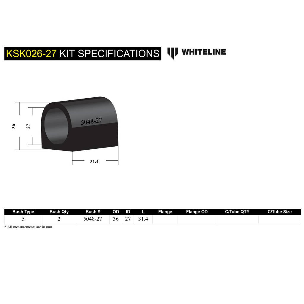 WHITELINE KSK026-27 Front Anti Roll Bar Mount - Bushing Kit 27mm for Whiteline Anti Roll Bars Photo-4 