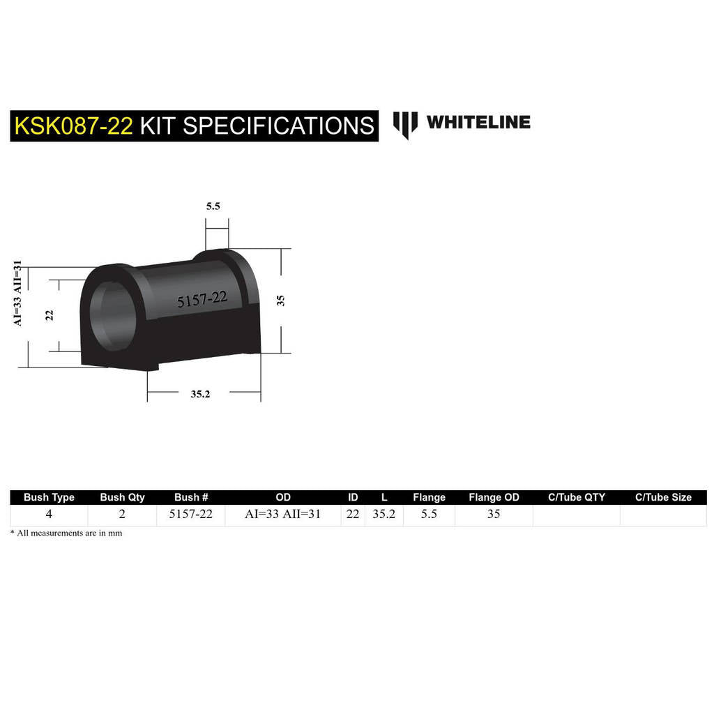 WHITELINE KSK087-22 Front Anti Roll Bar Mount - Bushing Kit 22mm for Whiteline Anti Roll Bars Photo-4 