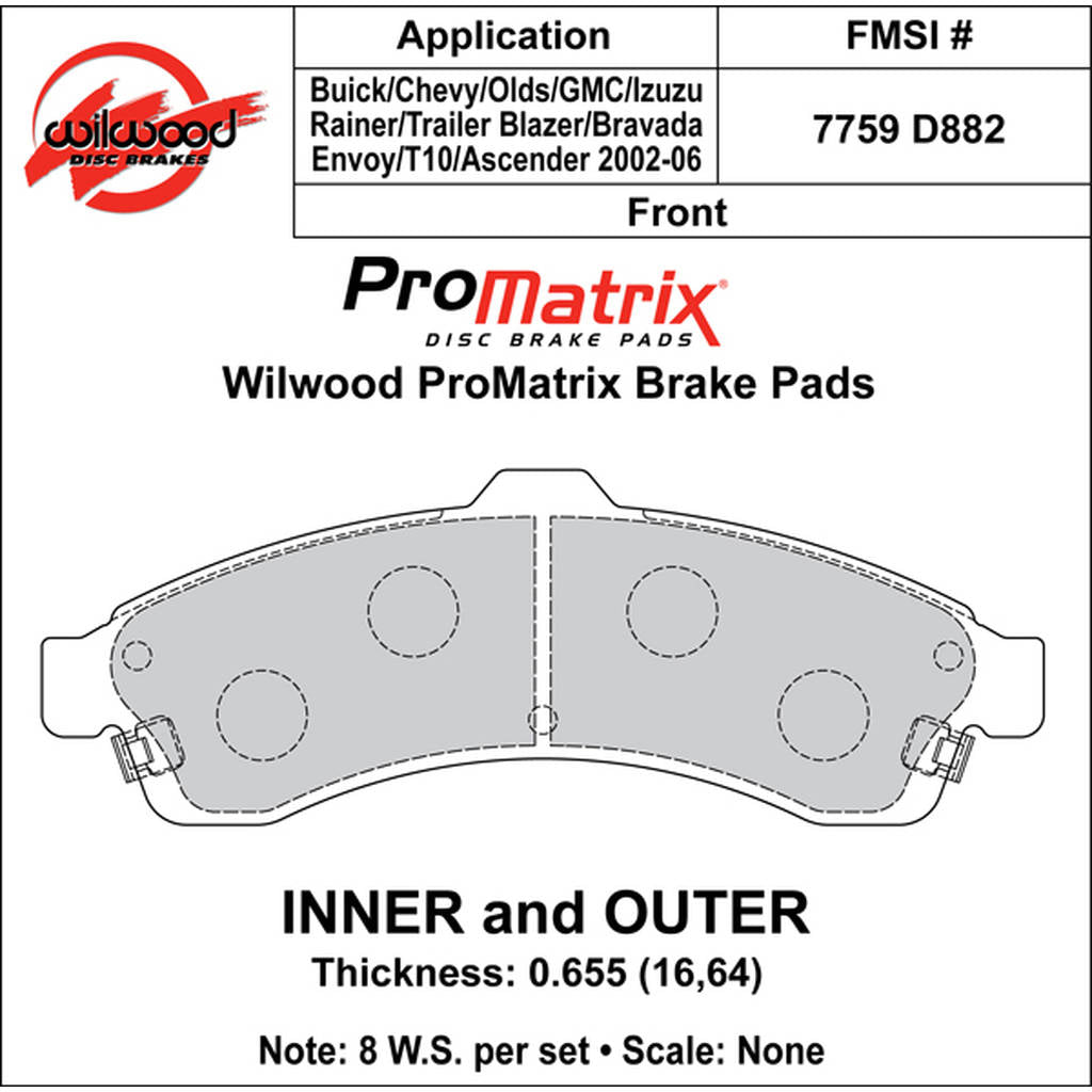 WILWOOD 150-D0882K Pad,D0882pm,.655,Axle Set Photo-0 