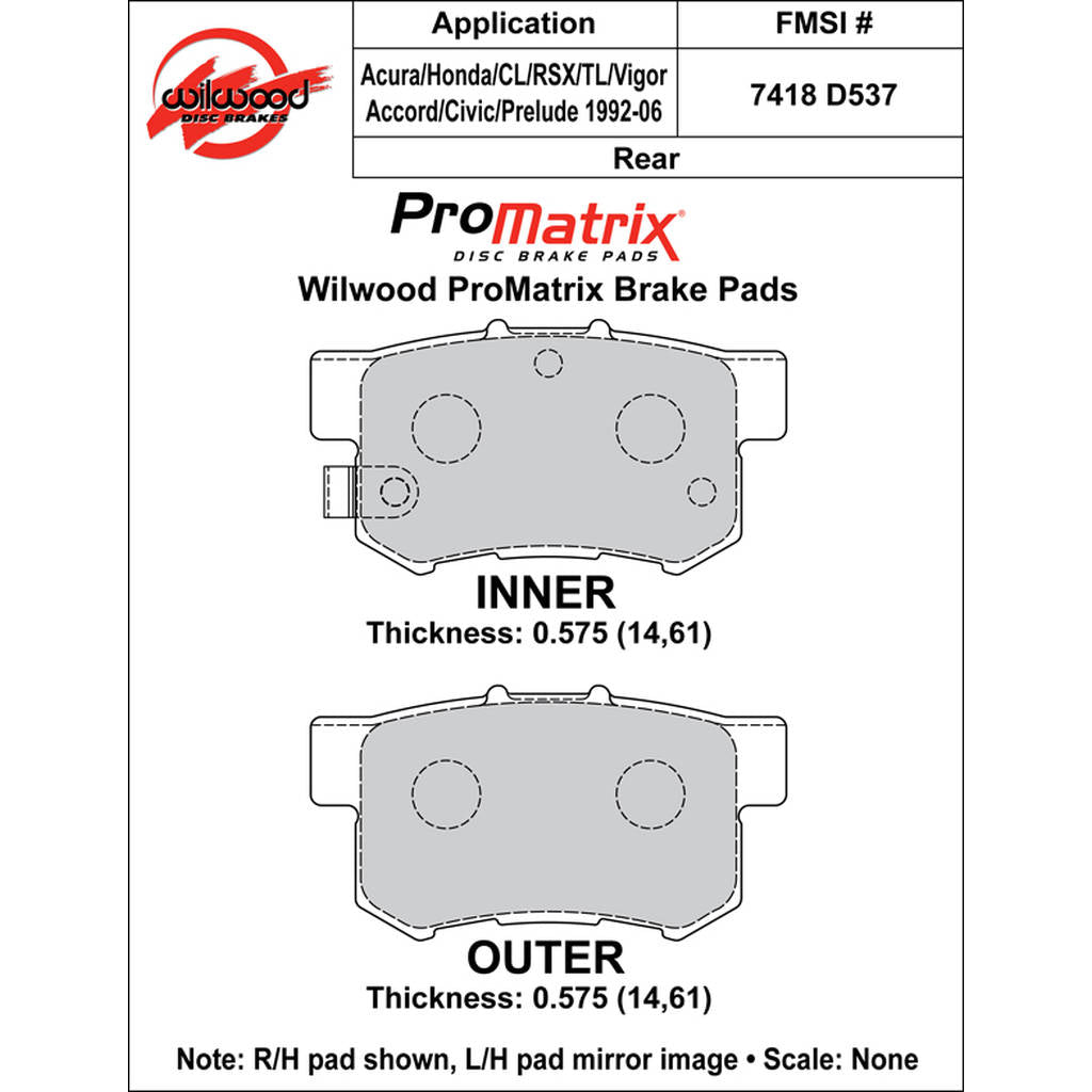 WILWOOD 150-D0537K Pad,D0537pm,.575,Axle Set Photo-0 