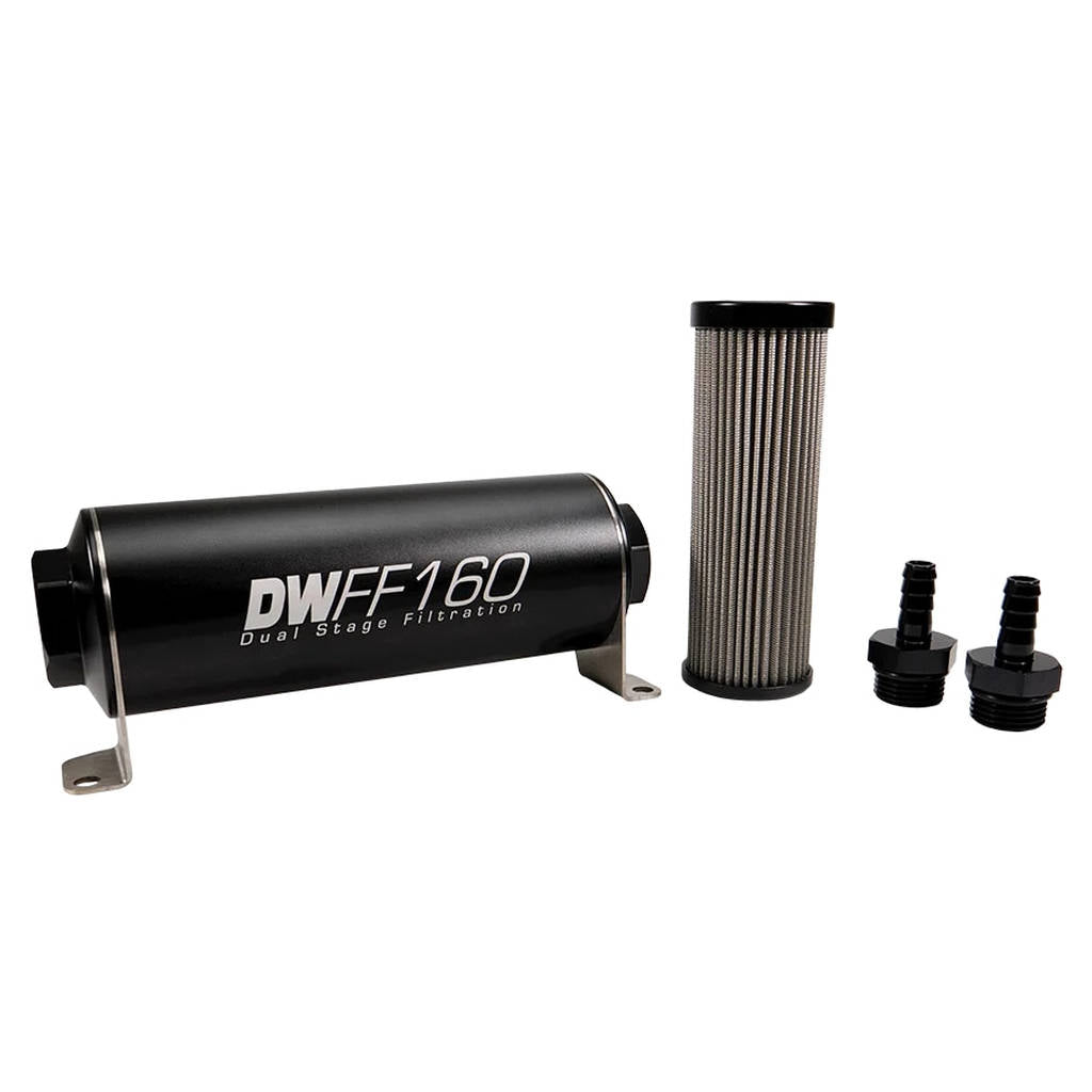 DEATSCHWERKS 8-03-160-005K-38 In-line fuel filter element and housing kit, stainless steel 5 micron, 3/8in hose barb, 160mm. Universal Photo-0 