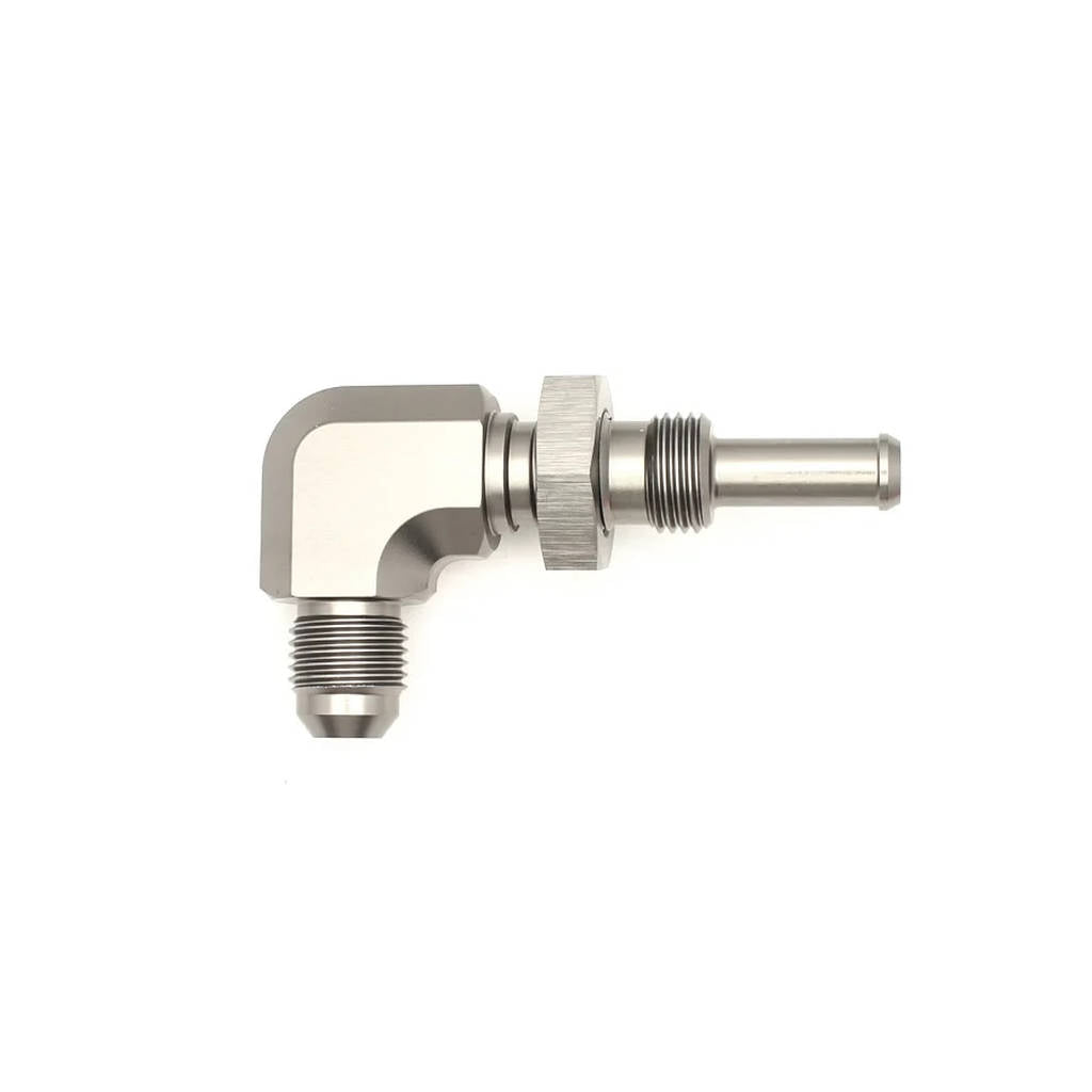 DEATSCHWERKS 6-02-0712 6AN Male Flare to 5/16-inch Male Barb Bulkhead Adapter 90-degree (incl Nut) Photo-0 