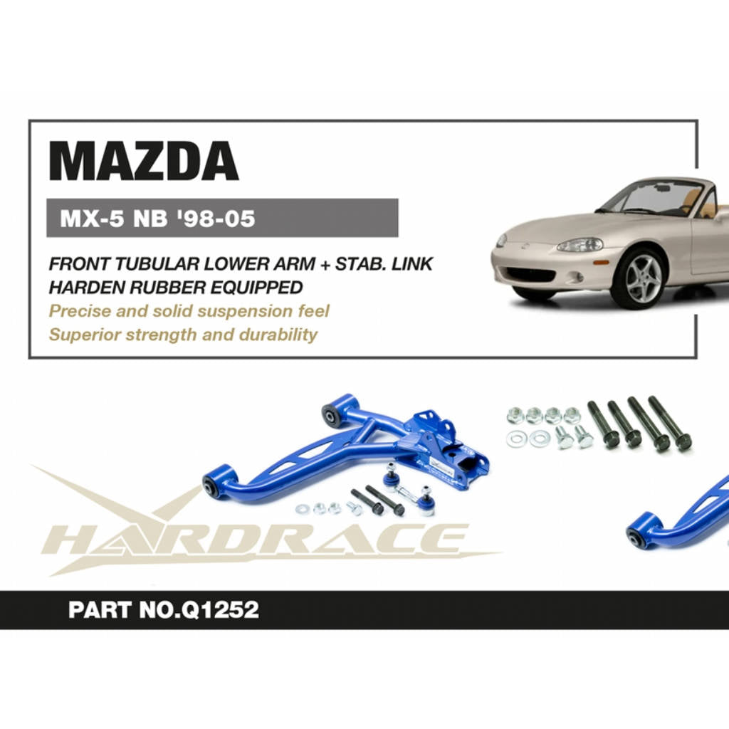 HARDRACE Q1252 Front tubular lower arm + stab. Link (harden rubber) - 2pcs / set for MAZDA Miata / MX-5 1998-2005 Photo-2 