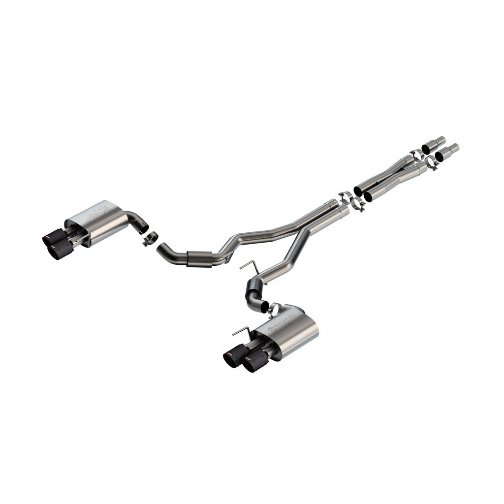 BORLA 140969CFBA Exhaust system Cat-Back S-type 3" D RD SE AC CFBA SR Tip: 4" RD X 6.62" Carbon fiber black anodized Quad tip (Non-active exhaust) for FORD Mustang GT 5.0L V8 2024 Photo-0 