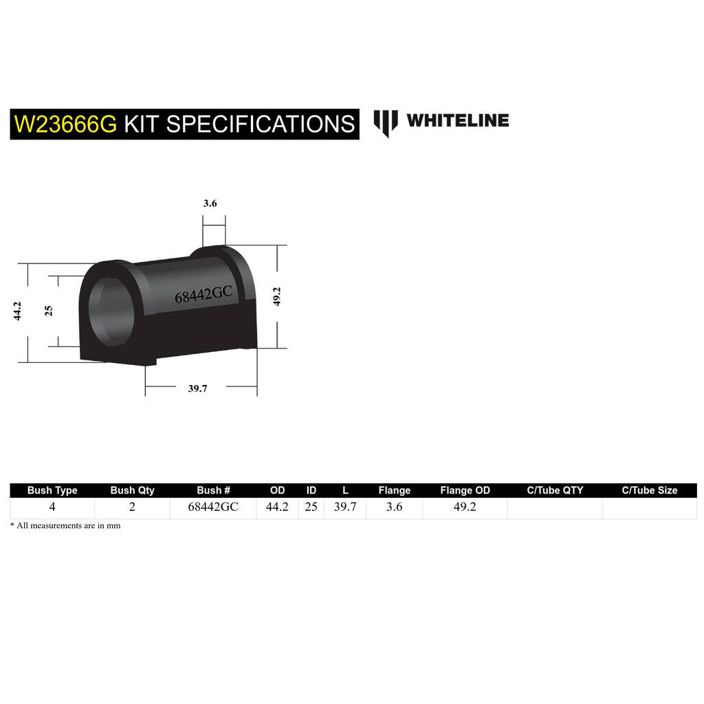 WHITELINE W23666G Front Anti Roll Bar Mount - Bushing Kit 25mm 'Grease Free' for Toyota Hiace SBV RCH12, RCH22, RZH10 Photo-4 
