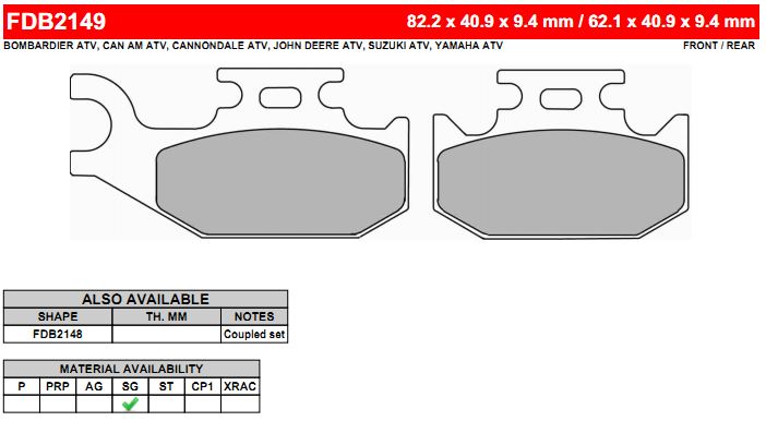 FERODO FDB2149SG Brake pads Bombardier ATV, CAN AM ATV, SUZUKI ATV, YAMAHA ATV Photo-0 