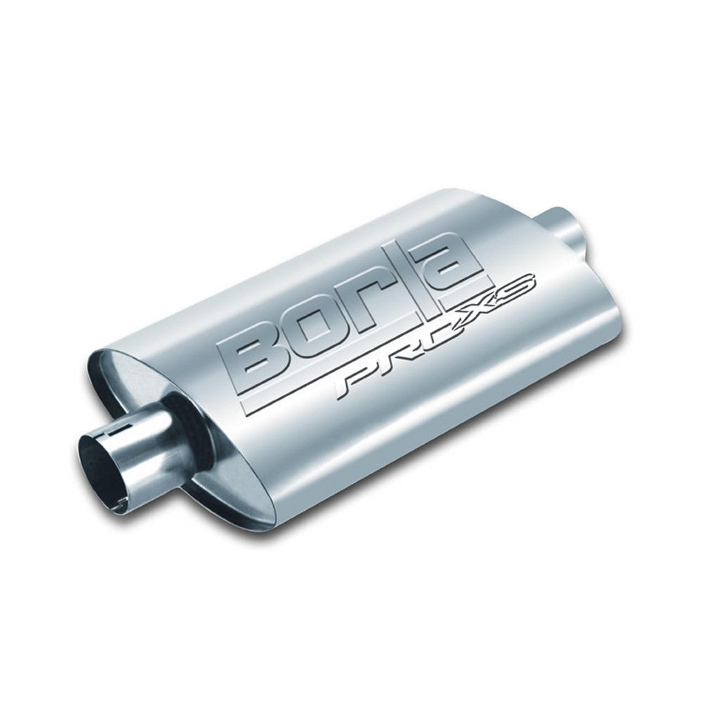 BORLA 400495 UNIVERSAL Performance Muffler, oval, silver ProXS, In / Out 2.25", Centre / Centre, dim. 14"x4"x9.5", Mounting clamp Photo-0 