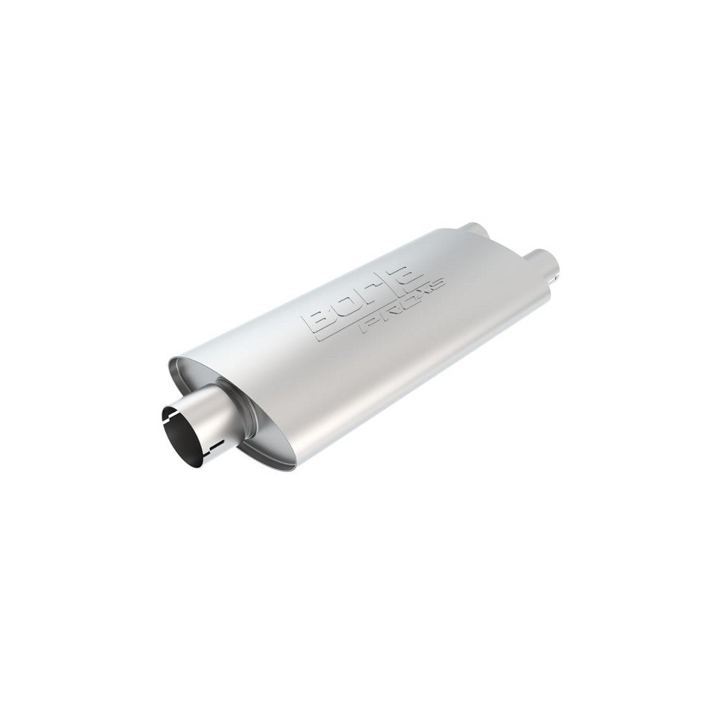BORLA 400486 UNIVERSAL Performance Muffler, oval, silver ProXS, In 3" / Out 2x2.5", Centre / dual, dim. 19"x4"x9.5", Mounting clamp Photo-0 