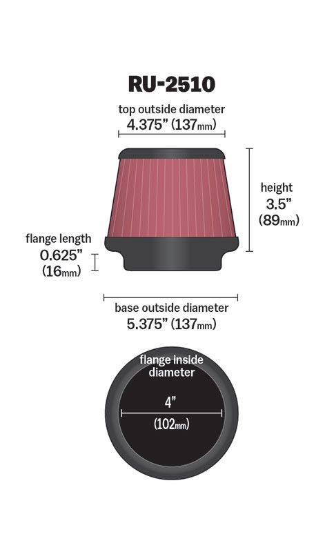K&N RU-2510 UNIVERSAL Clamp-On Air Filter 4"FLG, 5-3/8"B, 4-3/8"T, 3-1/2"H Photo-1 