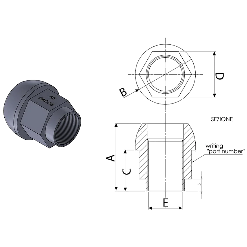 A.I.TECH AIT-DADO-7BLK Wheel nut Antioxide Black 12x1,25 Exag. 17mm, o.d. 25mm, spherical seat, total lenght 28mm, steel coppered Photo-1 