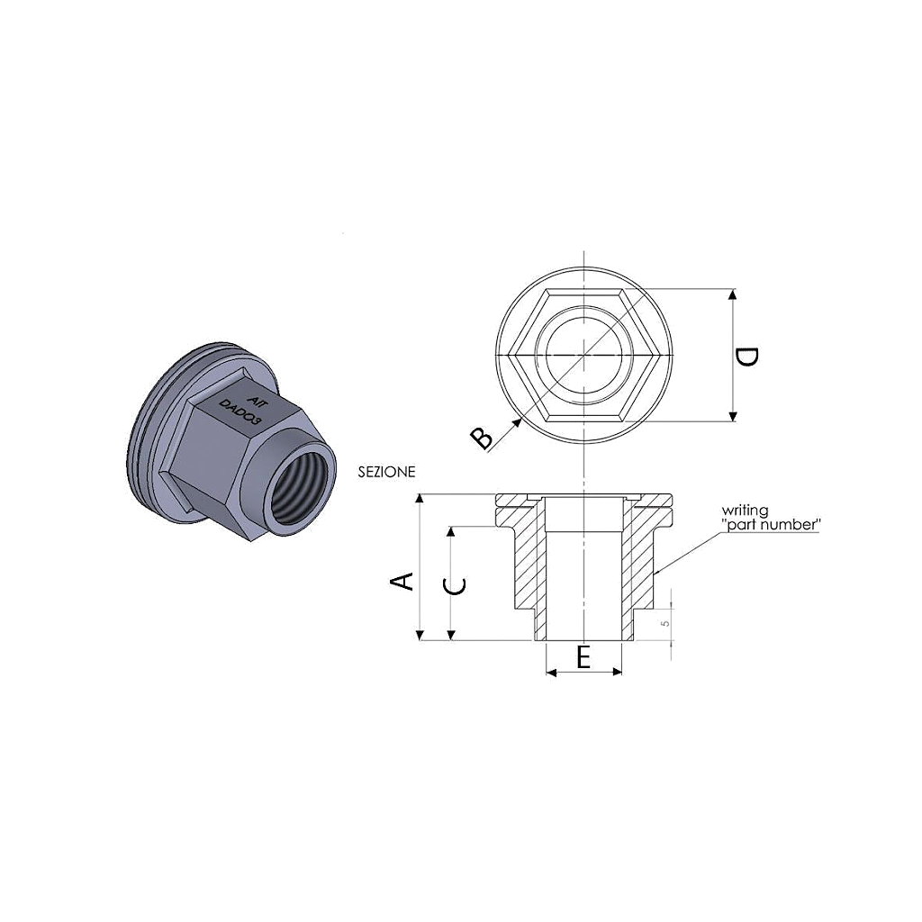 A.I.TECH AIT-DADO-3 Flat side nut 12x1,25, ex 19mm, o.d. 28mm, total lengh 29mm for PEUGEOT / CITROEN Photo-1 