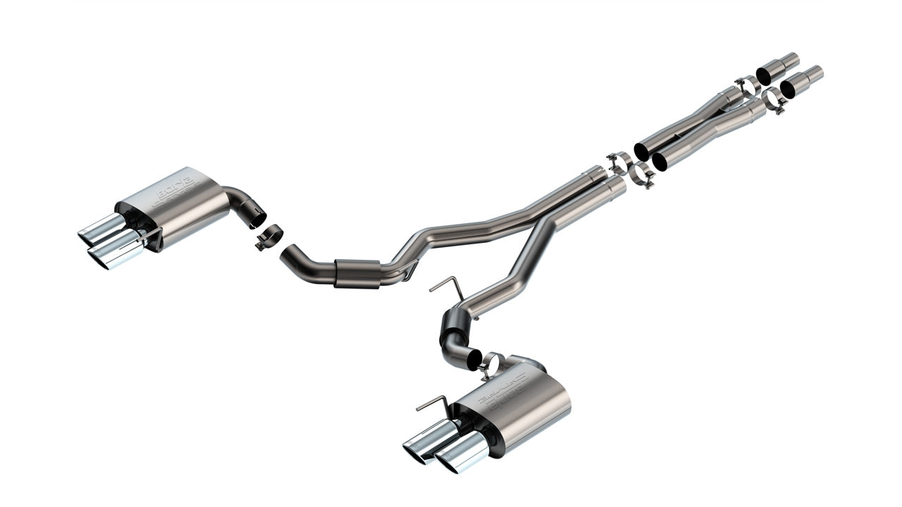 BORLA 140969 Exhaust system Cat-Back S-type 3" D RD RL AC SR Tip: 4" RD X 9.50" & 4" RD X 9.00" Quad tip (Non-active exhaust) for FORD Mustang GT 5.0L V8 2024 Photo-0 