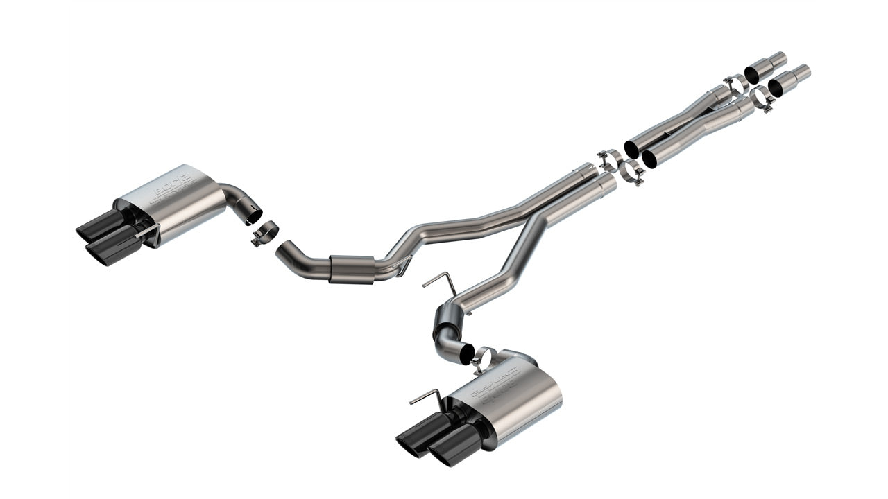 BORLA 140969BC Exhaust system Cat-Back S-type 3" D RD RL AC BC SR Tip: 4" RD X 9.50" & 4" RD X 9.00" Black chrome Quad tip (Non-active exhaust) for FORD Mustang GT 5.0L V8 2024 Photo-0 