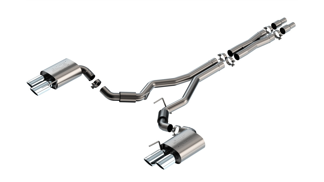 BORLA 140970 Exhaust system Cat-Back ATAK 3" D RD RL AC SR Tip: 4" RD X 9.50" & 4" RD X 9.00" Quad tip (Non-active exhaust) for FORD Mustang GT 5.0L V8 2024 Photo-0 