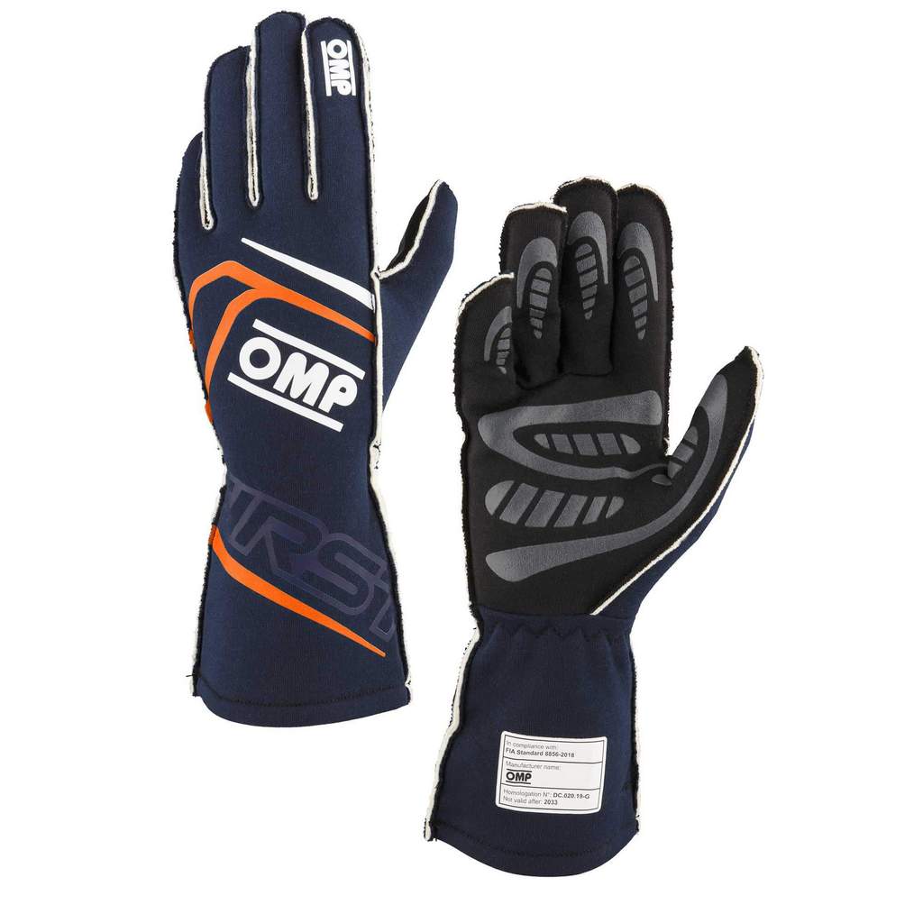 OMP IB0-0776-B01-249-L Racing Gloves First My2025, FIA 8856-2018, Navy Blue / Fluo Orange, Size L Photo-0 