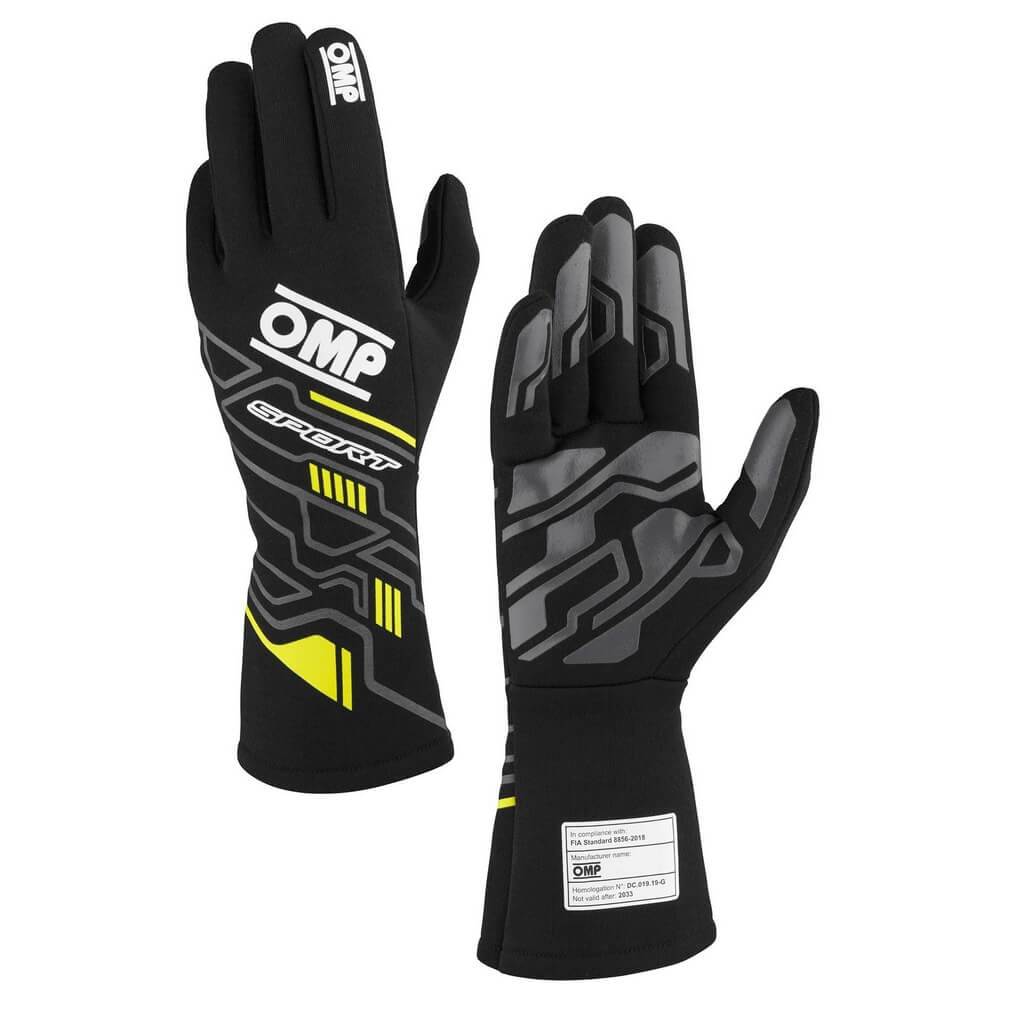 OMP IB0-0777-B01-178-S Racing Gloves Sport My2025, FIA 8856-2018, Black / Fluo Yellow, Size S Photo-0 