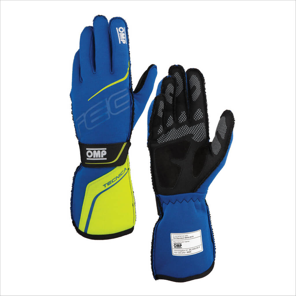 OMP IB0-0779-A01-044-XS Racing Gloves Tecnica, FIA 8856-2018, Blue / Yellow, Size XS Photo-0 
