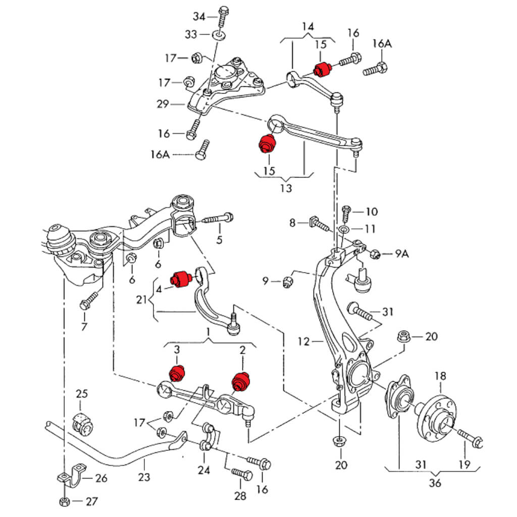 VERKLINE POW-055-85 Full Front Polyurethane Wishbones Bushings Kit (Track Hardness) for AUDI RS4 (B5) / RS6 (C5) Photo-2 